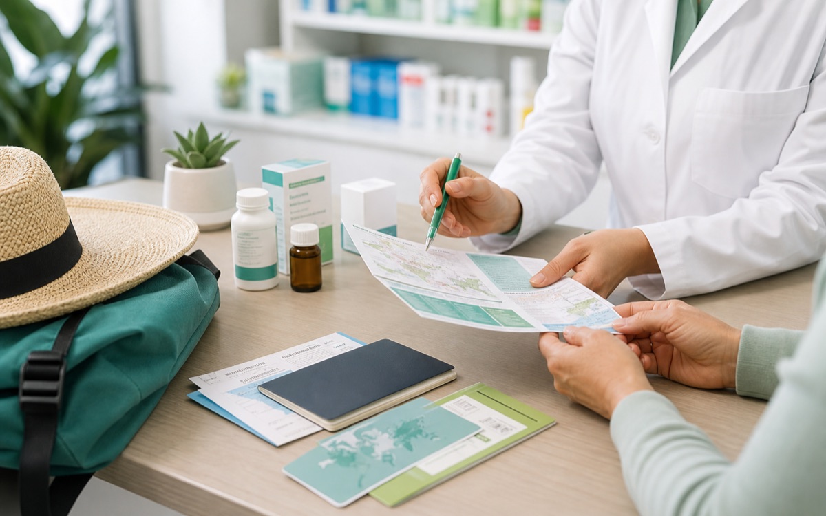 Wellness Point pharmacist reviewing travel health plans with a patient
